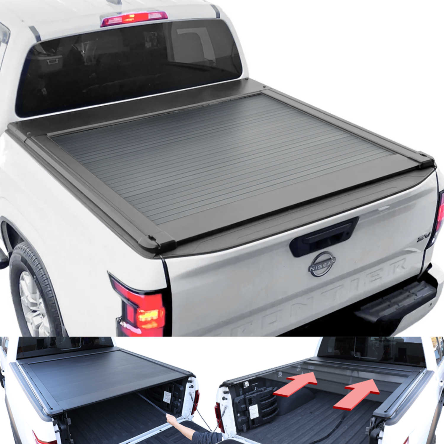 Nissan Frontier truck with a tonneau cover and additional storage compartments.