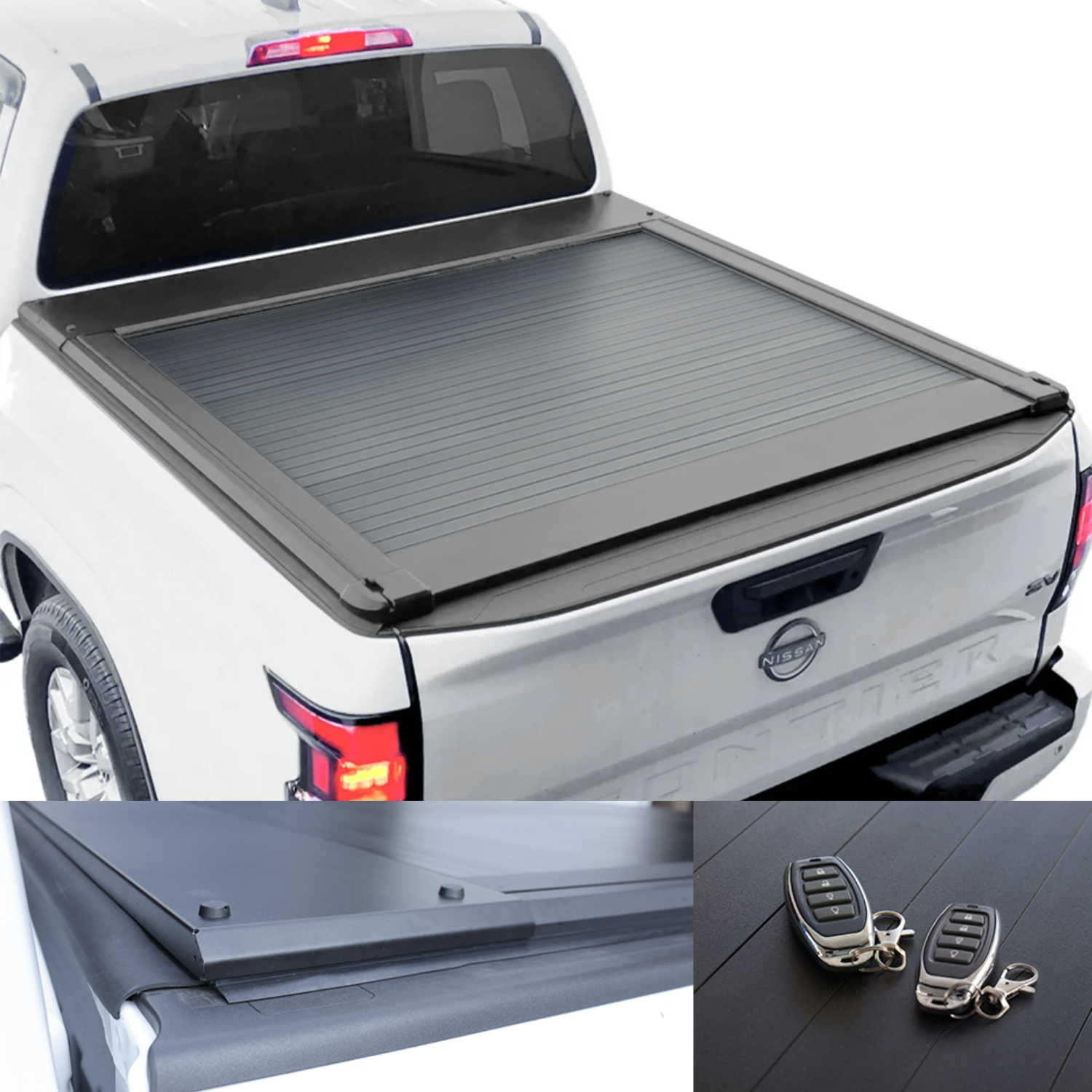 white Frontier truck bed with ER retractable PRO tonneau cover on white background