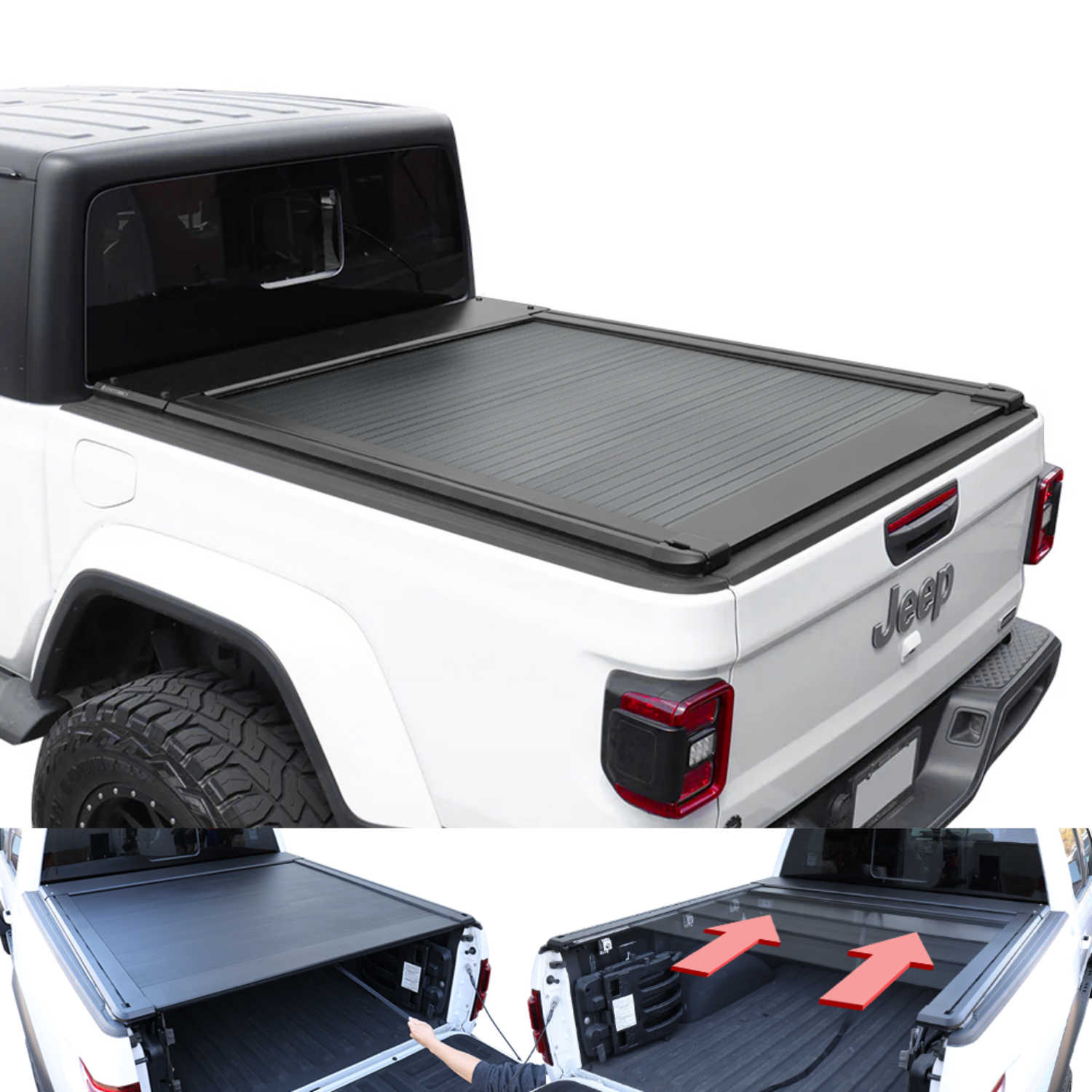 White Jeep truck with a black tonneau cover on a white background