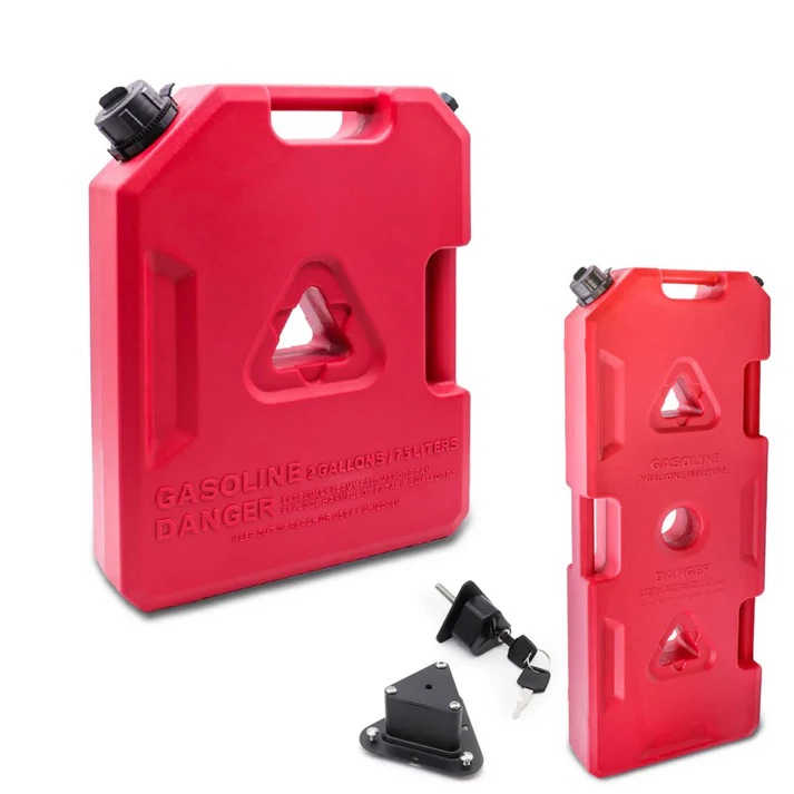 Red 2-gallon gasoline can with safety cap and mounting bracket for truck or off-road use