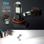 Car white fog light LED bulbs with specifications on a dark background