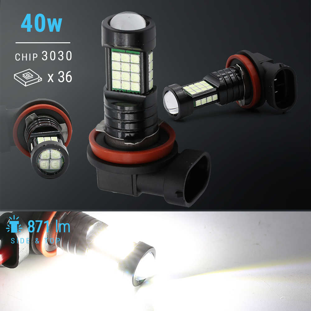 Car white fog light LED bulbs with specifications on a dark background
