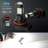 Car white fog light LED bulbs with specifications on a dark background