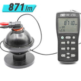 Luminous flux meter measuring 871 lm with a black spherical light source.
