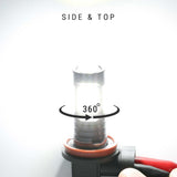 Close-up of a car headlight with 'Side & Top' and '360°' text on a white background