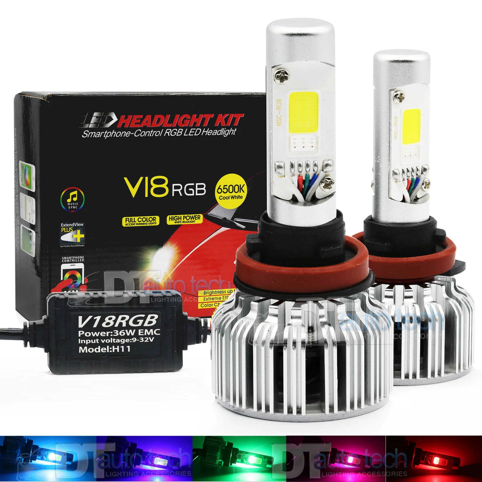 Smartphone-Control RGB LED Headlight Kit with three H11 bulbs and a control box on a white background.