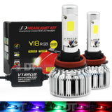 Smartphone-Control RGB LED Headlight Kit with three H11 bulbs and a control box on a white background.
