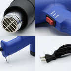 Blue heat gun with high/low settings, metal nozzle, and power cord for automotive use