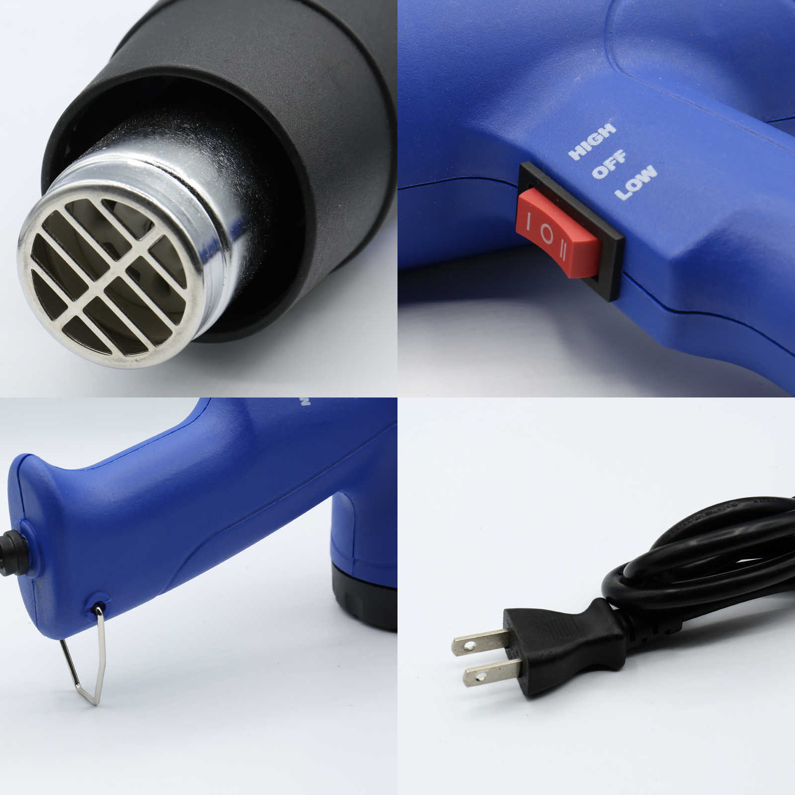 Blue heat gun with high/low settings, metal nozzle, and power cord for automotive use