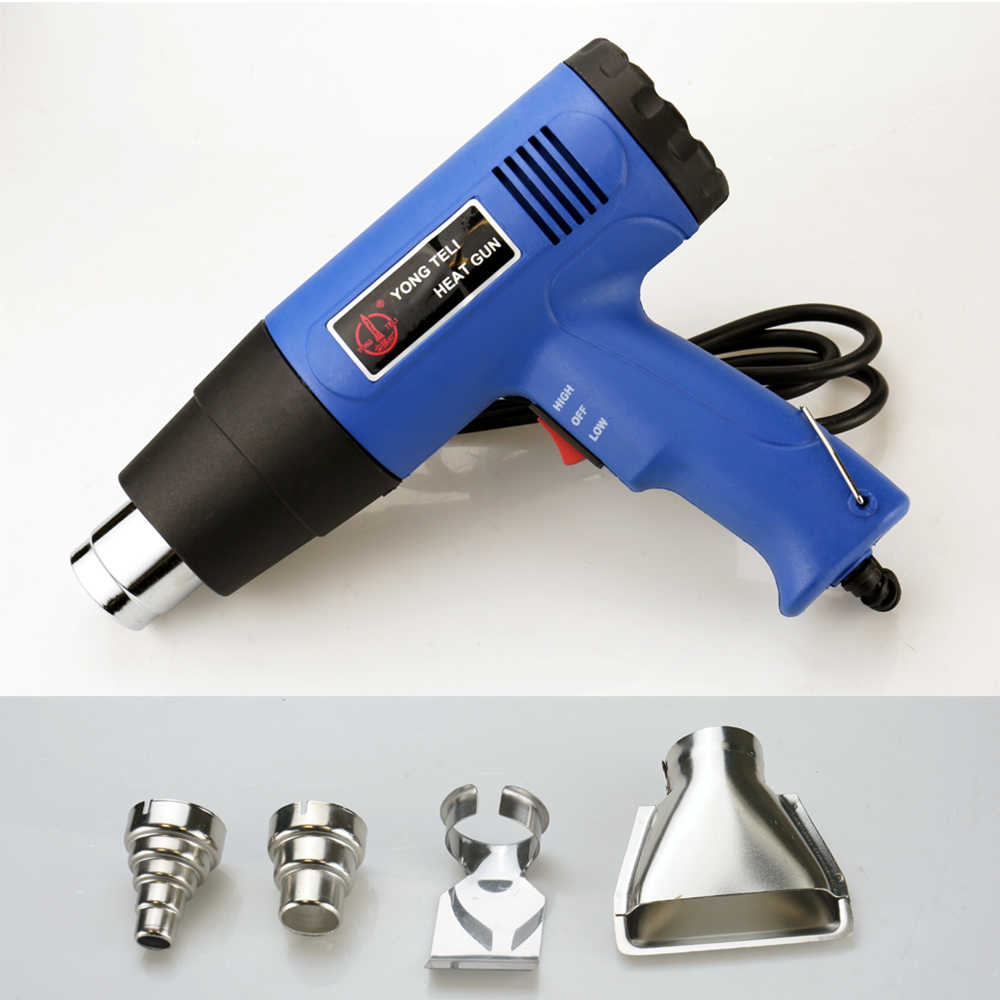 Blue heat gun with metal nozzles for automotive detailing and vinyl wrapping