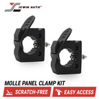 Two black motorcycle or bicycle mole panel clamp mounts shown on a white background, with the JCWIN AUTO logo at top left and text reading 'MOLLE PANEL CLAMP KIT' plus 'SCRATCH-FREE' and 'EASY ACCESS' banners at the bottom.