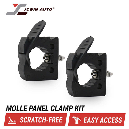 Two black motorcycle or bicycle mole panel clamp mounts shown on a white background, with the JCWIN AUTO logo at top left and text reading 'MOLLE PANEL CLAMP KIT' plus 'SCRATCH-FREE' and 'EASY ACCESS' banners at the bottom.