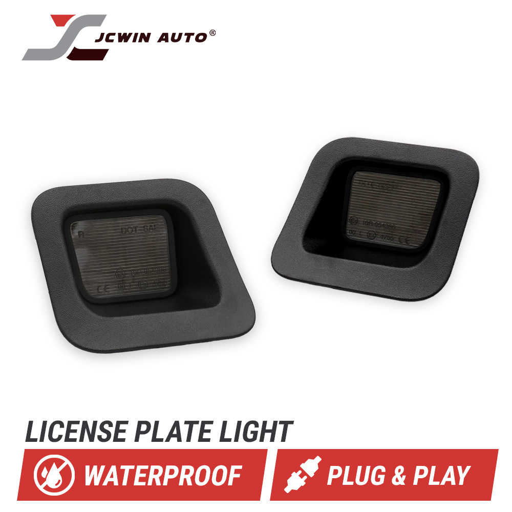 Two black square license plate light modules shown on a white background with the JCWIN AUTO logo at top left and text reading 'LICENSE PLATE LIGHT,' 'WATERPROOF,' and 'PLUG & PLAY' at the bottom.