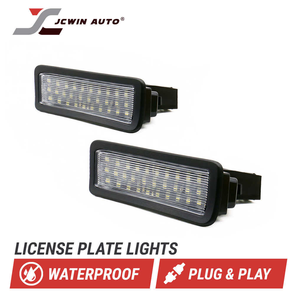 Two black rectangular license plate lights with integrated LED arrays, shown on a white background with the JCWIN AUTO logo and text reading 'LICENSE PLATE LIGHTS', 'WATERPROOF', and 'PLUG & PLAY'.