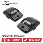 Two black license plate light covers shown on a white background with the brand name JCWIN AUTO at the top and feature badges at the bottom indicating waterproof and plug-and-play.