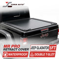JCwin Auto Jeep Gladiator 5FT Retractable Truck Bed Cover shown installed on a black Jeep tailgate, with text overlays highlighting waterproof and double T-slot features.