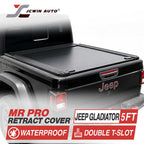 JCwin Auto Jeep Gladiator 5FT Retractable Truck Bed Cover shown installed on a black Jeep tailgate, with text overlays highlighting waterproof and double T-slot features.