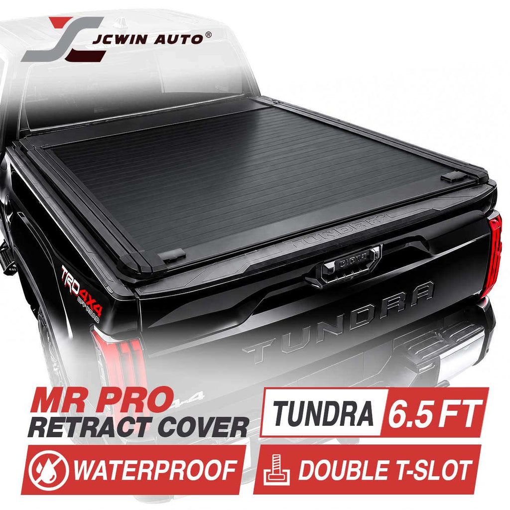 JCwin Auto MR Pro Retract Cover for a Tundra 6.5 ft pickup truck bed, shown installed on a black truck tailgate with promotional text overlays.