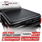 JCwin Auto MR Pro Retract Cover for a Tundra 6.5 ft pickup truck bed, shown installed on a black truck tailgate with promotional text overlays.