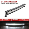 A 31.2 inch curved white LED light bar with a black housing and mounting bracket, shown on a white background with promotional text and a lower inset showing the light bar illuminated in a dark environment. 