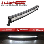 A 31.2 inch curved white LED light bar with a black housing and mounting bracket, shown on a white background with promotional text and a lower inset showing the light bar illuminated in a dark environment. 