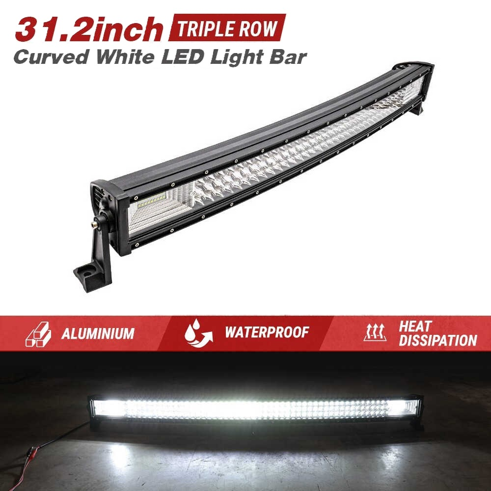 A 31.2 inch curved white LED light bar with a black housing and mounting bracket, shown on a white background with promotional text and a lower inset showing the light bar illuminated in a dark environment. 