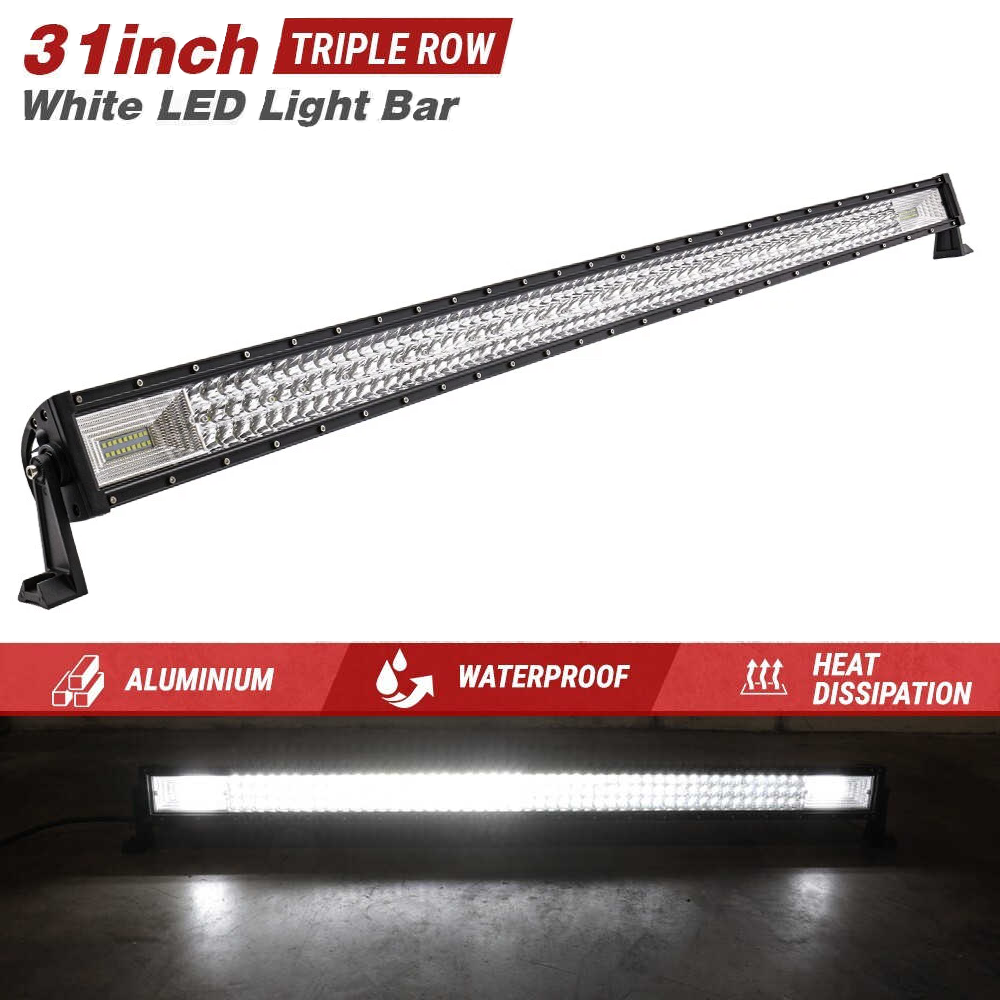 A 31-inch triple-row white LED light bar shown on a white background with feature callouts, plus a bottom inset showing the light bar illuminated in a dark environment. Text highlights aluminum construction, waterproof design, and heat dissipation.