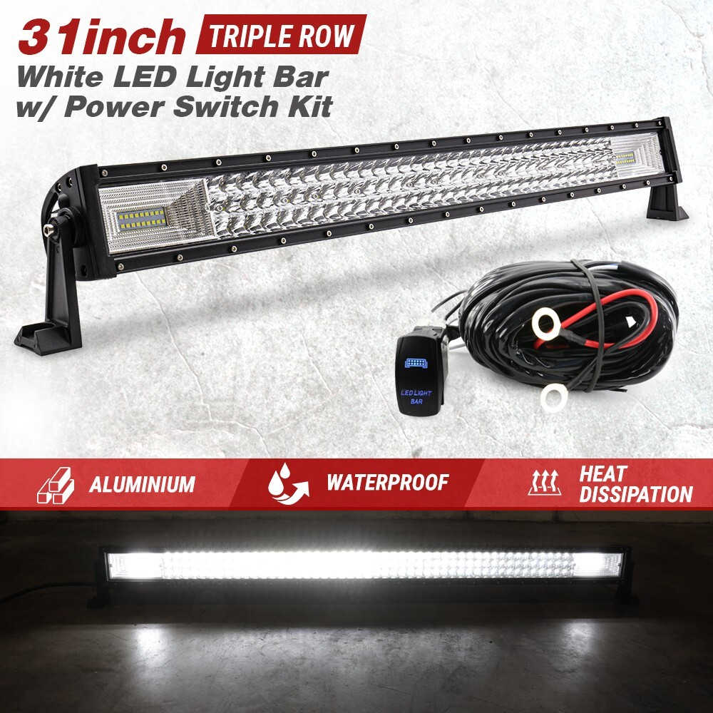 A 31-inch triple-row white LED light bar kit with an included power switch, shown on a light gray textured background with feature banners and a lit view at the bottom.