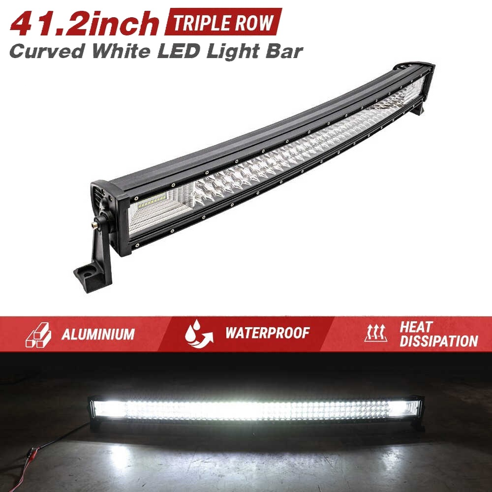 A 41.2-inch curved white LED light bar shown on a white background with promotional text, plus a lower inset showing the light bar illuminated in a dark environment.