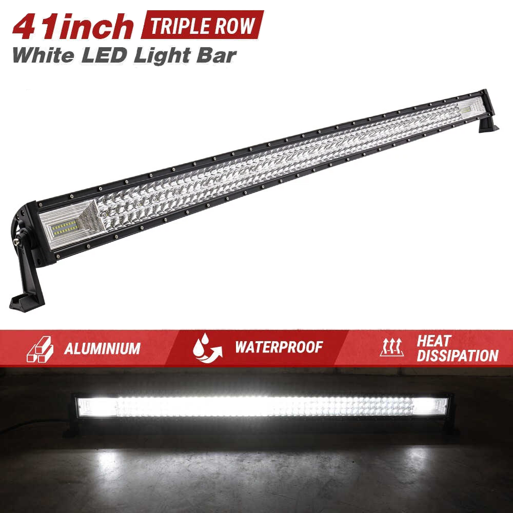 A 31-inch triple-row white LED light bar shown on a white background with feature callouts, plus a bottom inset showing the light bar illuminated in a dark environment. Text highlights aluminum construction, waterproof design, and heat dissipation.