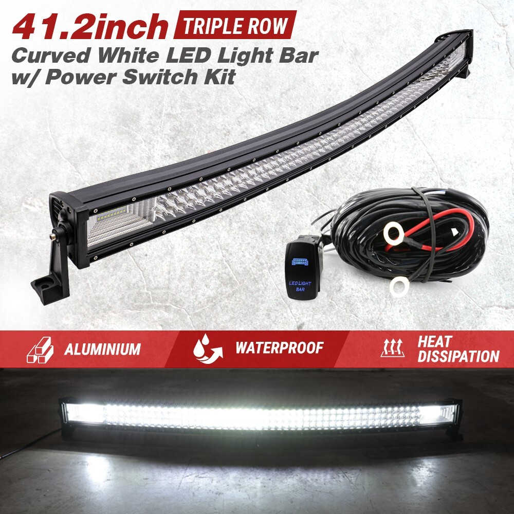 A 41.2-inch triple-row curved white LED light bar kit with a black power switch module and wiring harness, shown on a light gray textured background with feature banners and a bottom inset showing the light bar illuminated.