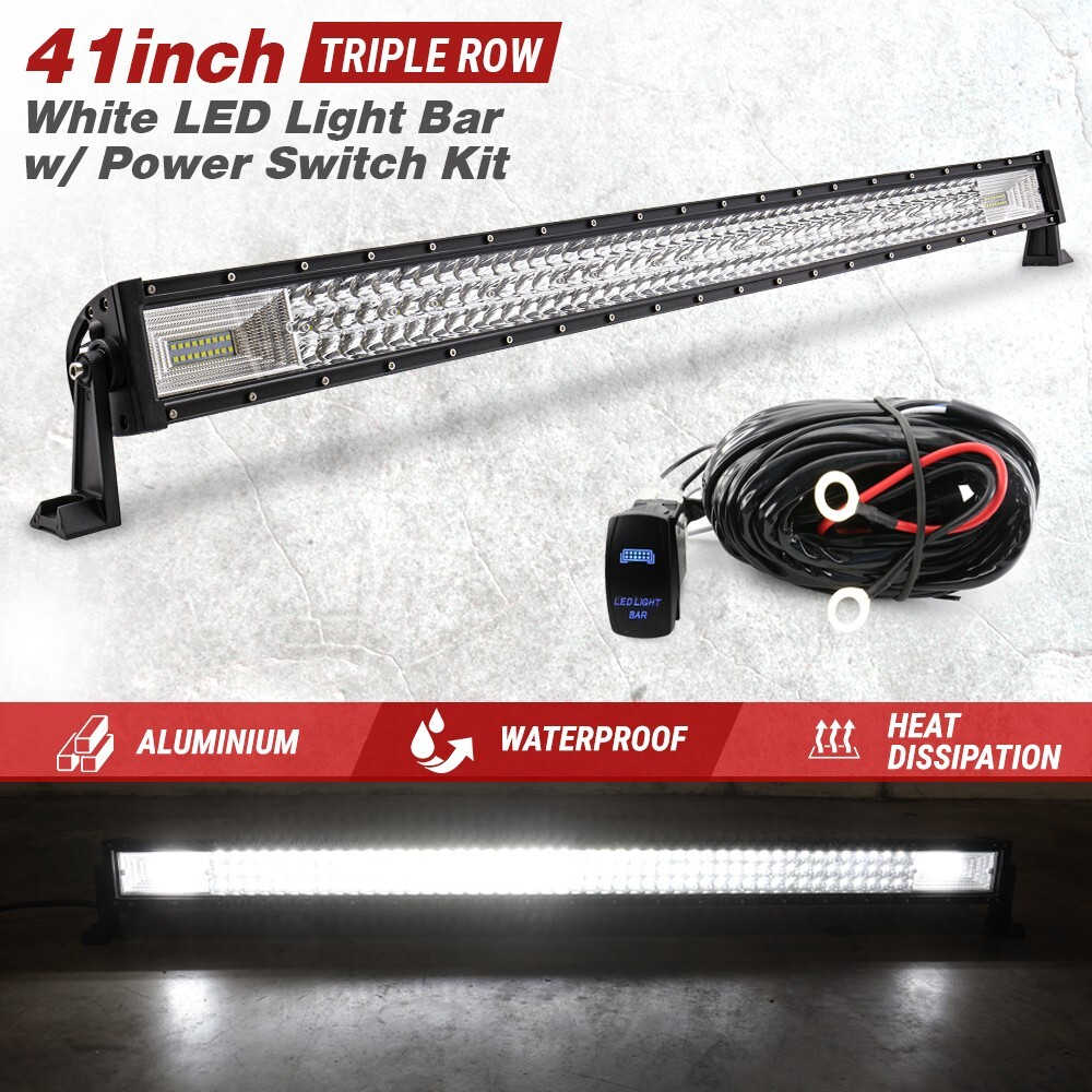 A 41-inch triple-row white LED light bar kit with an included power switch, shown on a light gray textured background with product callouts and feature banners. The kit includes a long black light bar, a coiled black cable with red and white wires, and a small black switch module.