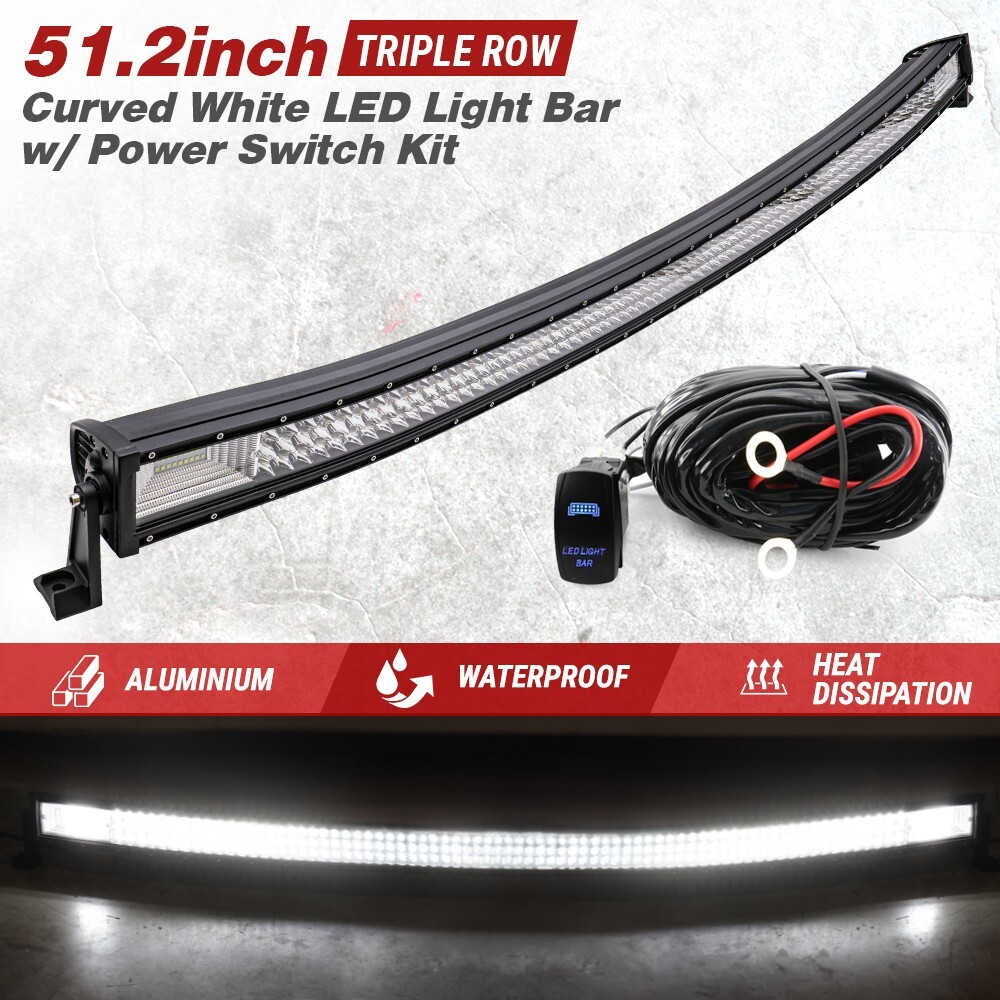 A 51.2-inch curved white LED light bar kit with a power switch, shown on a light gray textured background with promotional text and feature banners.