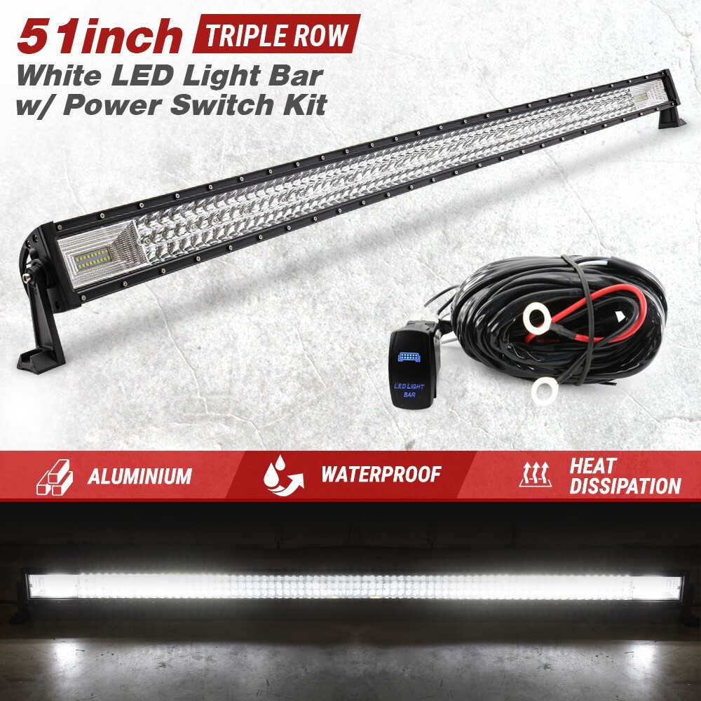 A 51-inch triple-row white LED light bar kit with a black mounting bracket, a coiled black power cable with red and white wires, and a small black power switch module, shown on a light gray background with promotional text and feature banners.