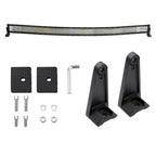 A curved LED light bar kit with two black mounting brackets, two black mounting plates, a silver L-shaped wrench, and mounting bolts and washers, displayed on a clean white background.