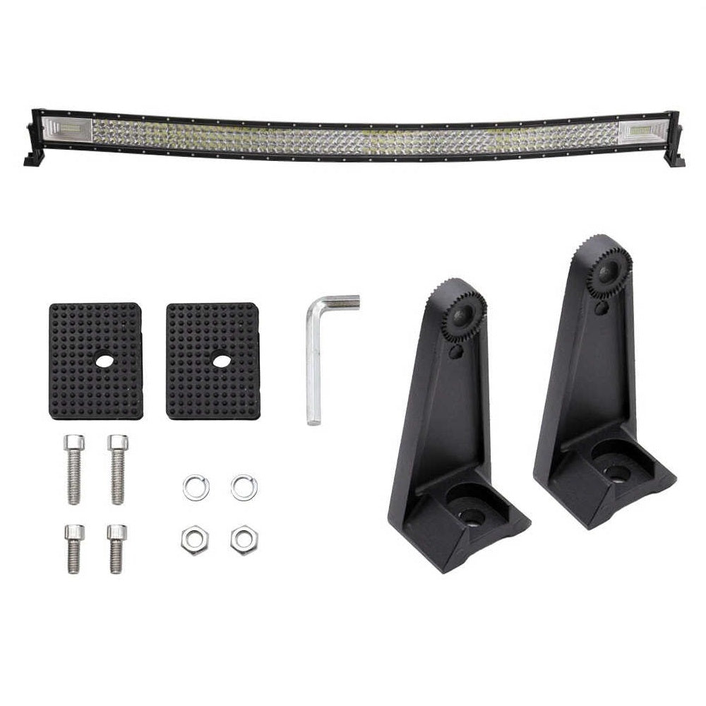 A curved LED light bar kit with two black mounting brackets, two black mounting plates, a silver L-shaped wrench, and mounting bolts and washers, displayed on a clean white background.