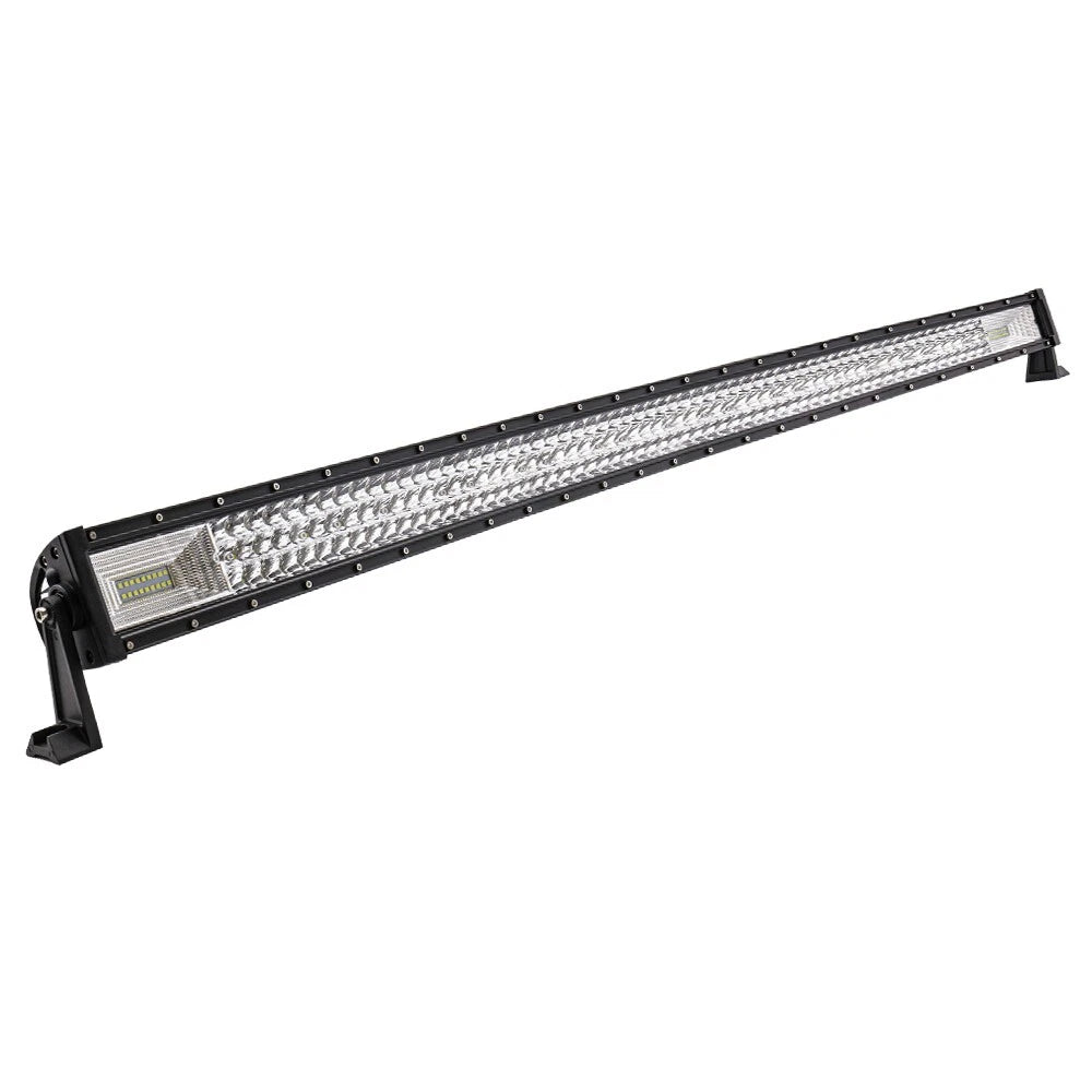 A long black LED off-road light bar with a silver reflective grid and mounting brackets on both ends, shown on a plain white background.