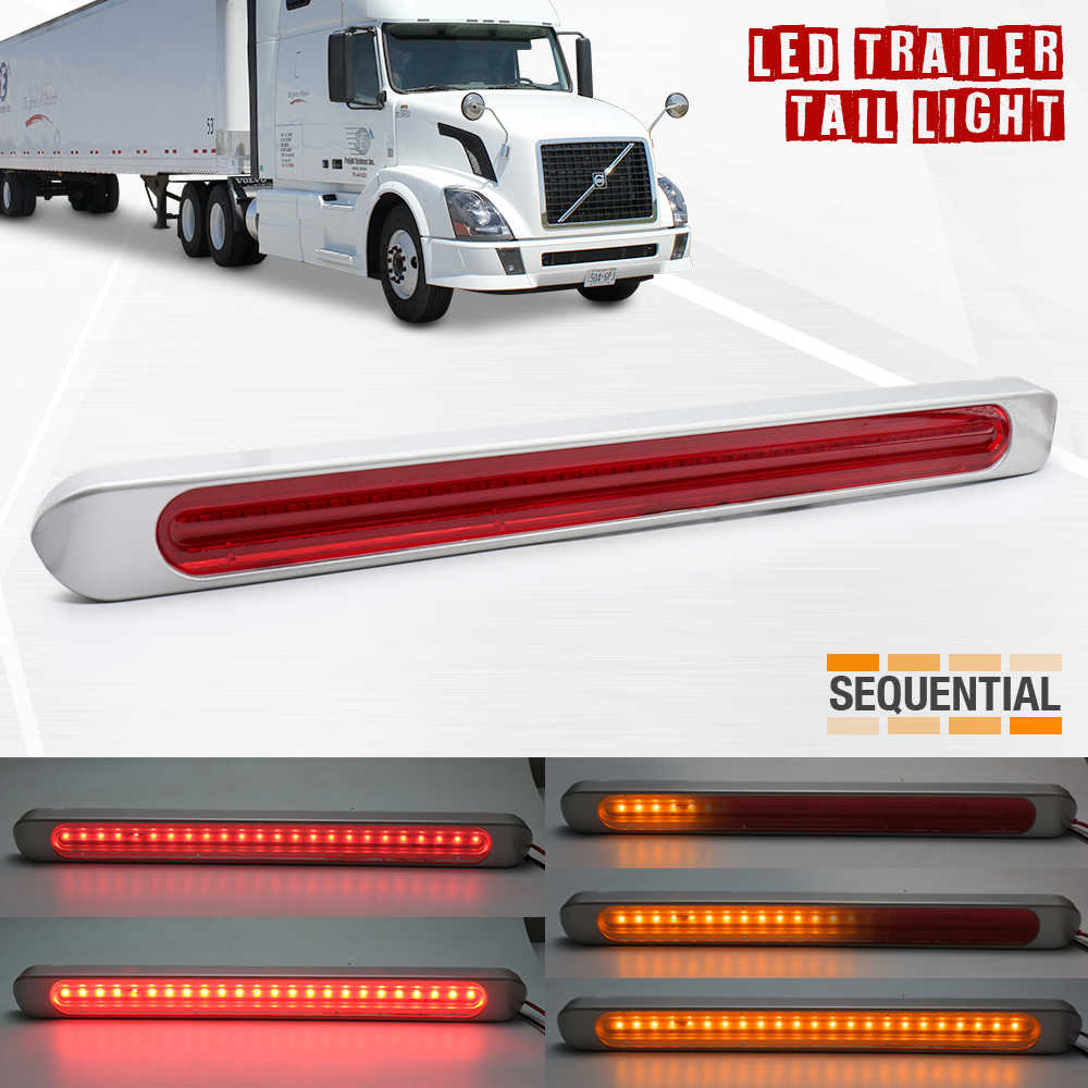 LED trailer tail light bar shown in a composite product graphic with a semi-truck in the background, the text 'LED TRAILER TAIL LIGHT', and multiple illuminated view examples below. The main product is a long rectangular light unit with a white housing and red lens, plus amber/yellow light variants shown in the lower panels.