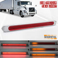 LED trailer tail light bar shown in a composite product graphic with a semi-truck in the background, the text 'LED TRAILER TAIL LIGHT', and multiple illuminated view examples below. The main product is a long rectangular light unit with a white housing and red lens, plus amber/yellow light variants shown in the lower panels.