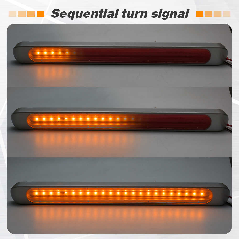 Three horizontal views of a rectangular automotive LED light labeled 'Sequential turn signal,' showing the amber LEDs lit in a row with a red center section and gray housing.