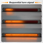 Three horizontal views of a rectangular automotive LED light labeled 'Sequential turn signal,' showing the amber LEDs lit in a row with a red center section and gray housing.