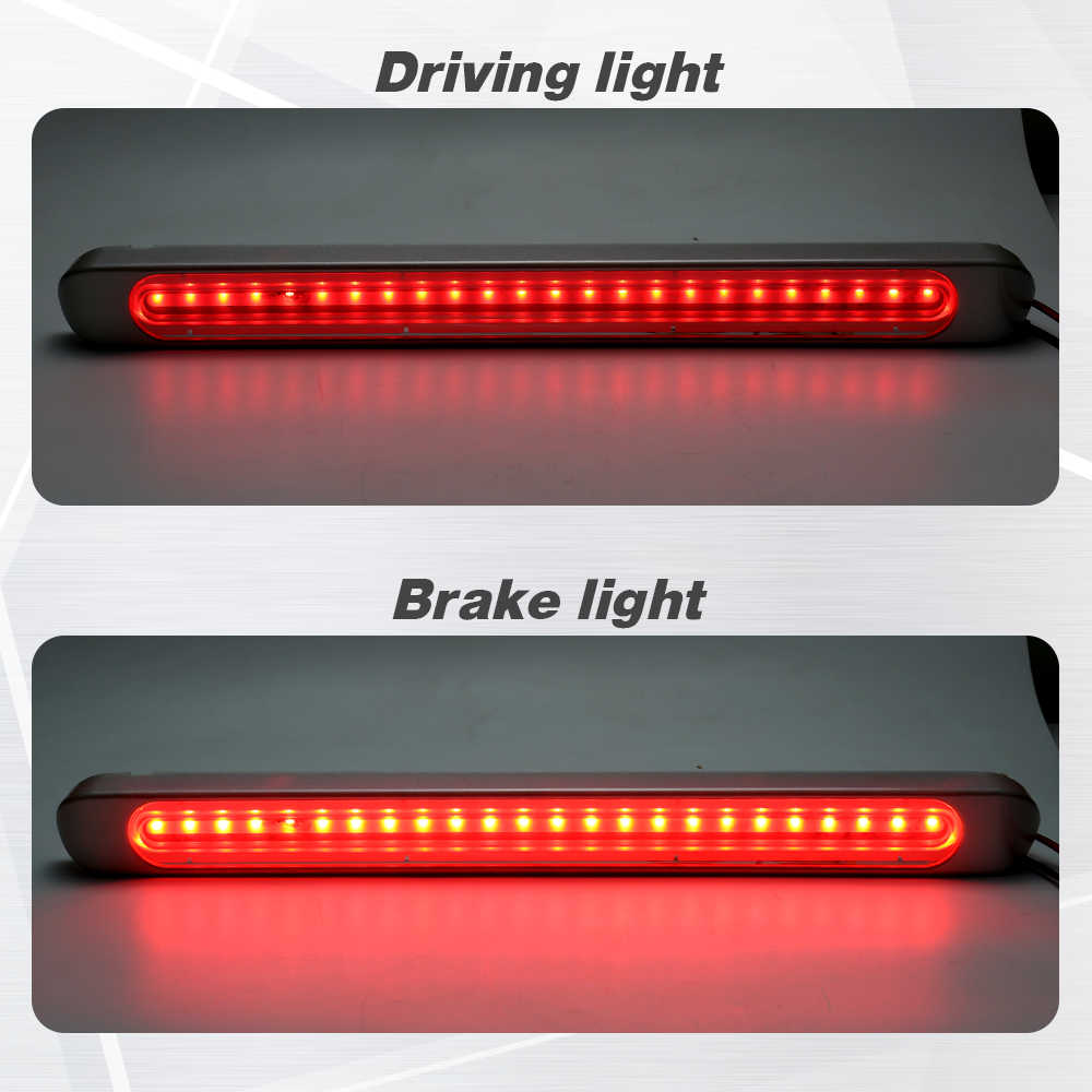 A horizontal automotive LED light bar shown in two labeled panels: 'Driving light' with the light off and 'Brake light' with the light on, demonstrating red illumination.