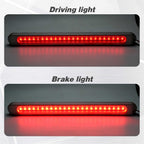 A horizontal automotive LED light bar shown in two labeled panels: 'Driving light' with the light off and 'Brake light' with the light on, demonstrating red illumination.