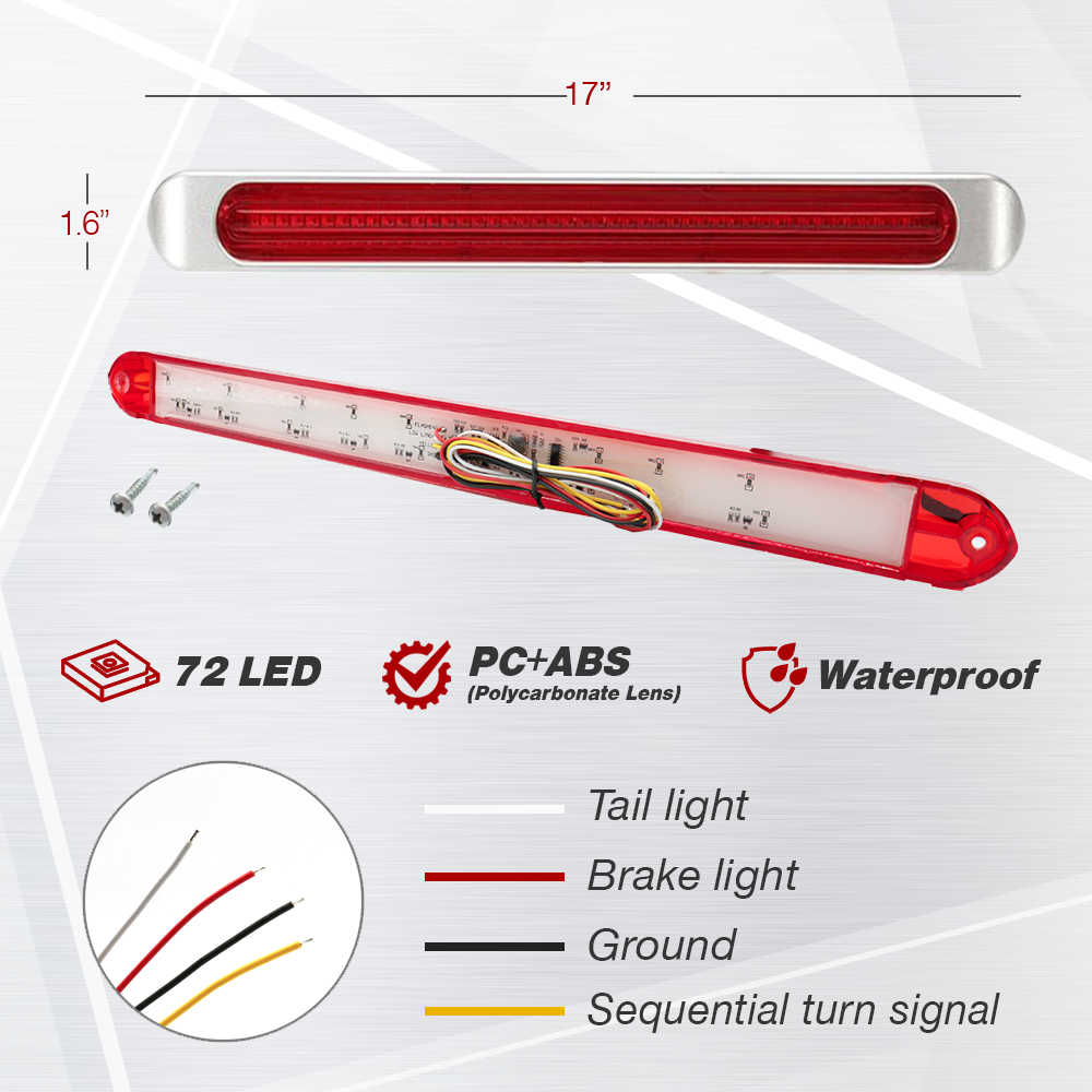 A 17-inch red LED tail light bar with mounting hardware, shown on a light gray background with technical specifications, wire color codes, and feature icons.