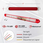 A 17-inch red LED tail light bar with mounting hardware, shown on a light gray background with technical specifications, wire color codes, and feature icons.