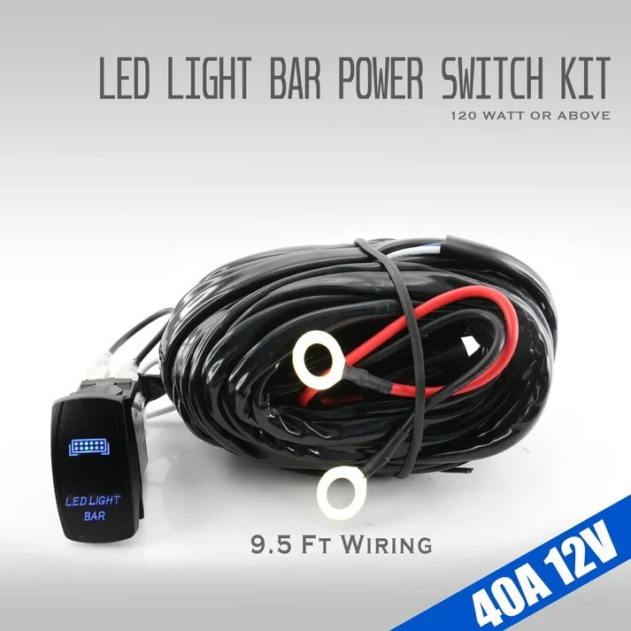 LED light bar power switch kit with a black rotary switch and a coiled black wire harness with red and black leads, shown on a light gray background with text overlays.