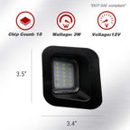 A square black LED light fixture shown on a light gray brushed-metal background with informational icons and dimensions above it. Text reads Chip Count: 18, Wattage: 3W, Voltage: 12V, with size labels 3.4".