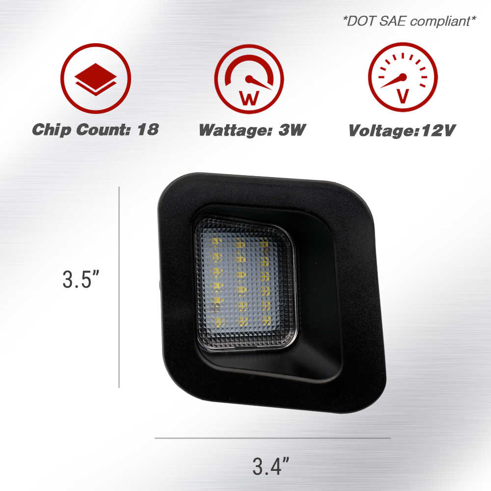 A square black LED light fixture shown on a light gray brushed-metal background with informational icons and dimensions above it. Text reads Chip Count: 18, Wattage: 3W, Voltage: 12V, with size labels 3.4".