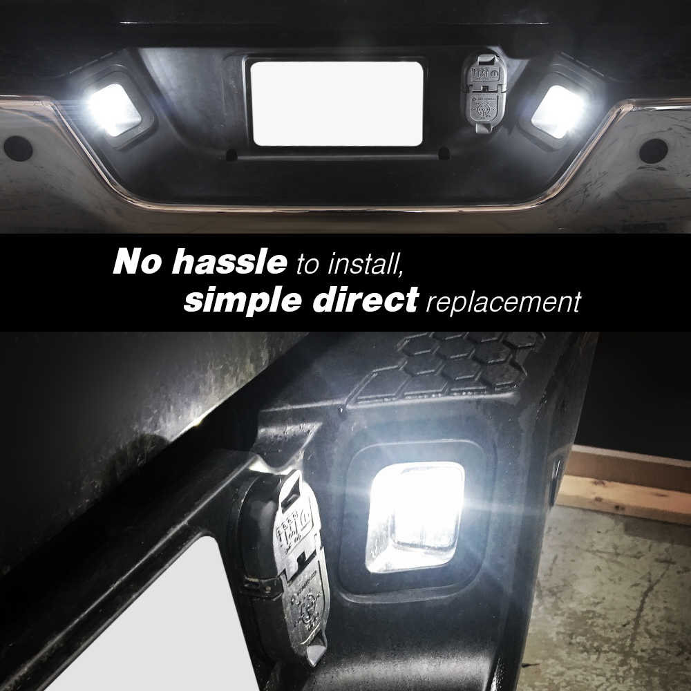 A set of rectangular vehicle light bars installed into the license plate frame and side door jambs of a black vehicle. The image includes a black banner with white text reading 'No hassle to install, simple direct replacement'.