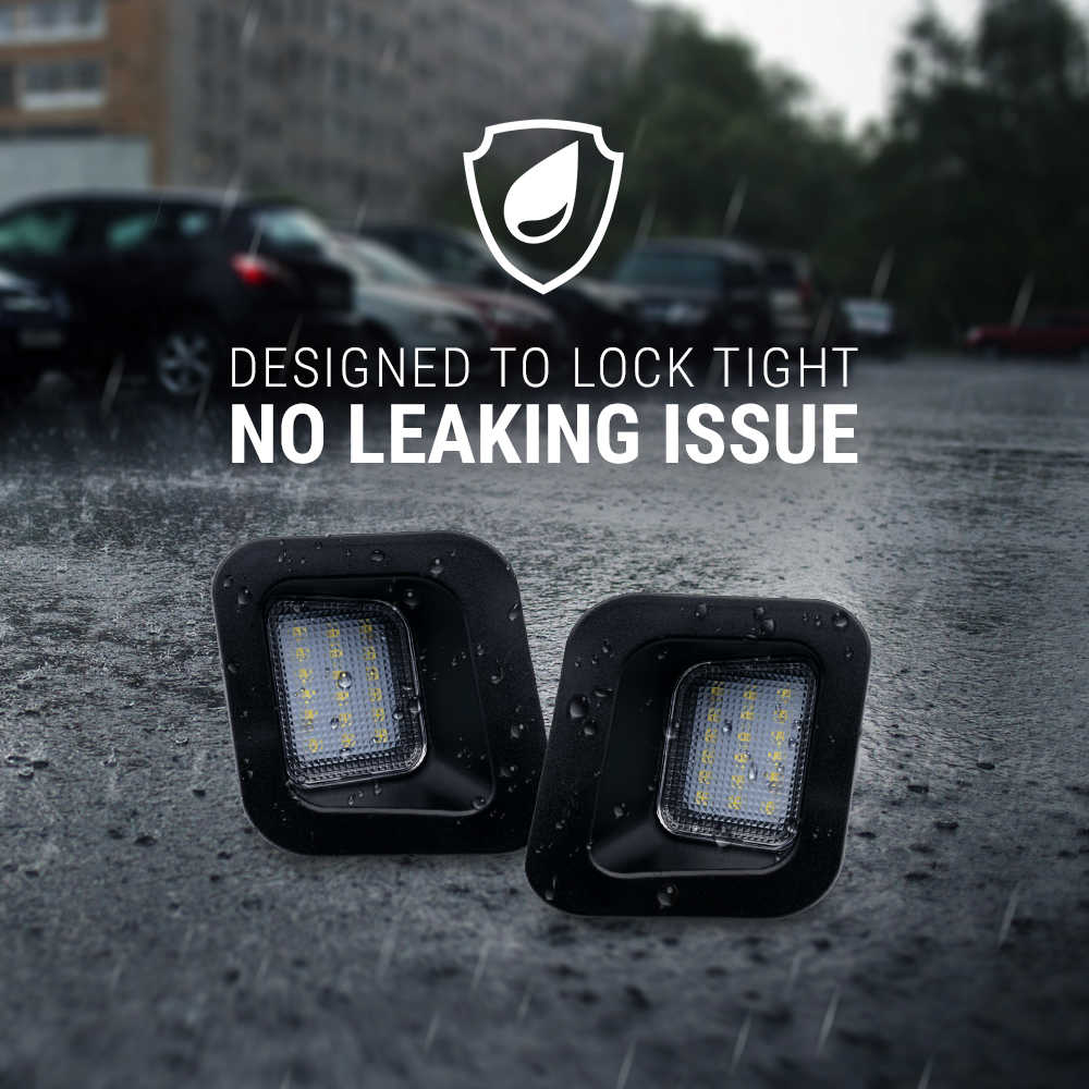 Two black square LED light units shown on wet pavement in the rain, with overlaid text reading 'DESIGNED TO LOCK TIGHT' and 'NO LEAKING ISSUE' plus a shield icon.
